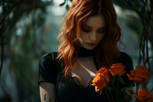 un' donna con rosso capelli e tatuaggi Tenere un' mazzo di fiori generativo ai foto
