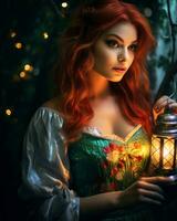 un' donna con rosso capelli Tenere un' lanterna nel il boschi generativo ai foto