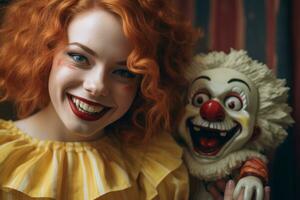 un' donna con rosso capelli Tenere un' clown Bambola generativo ai foto