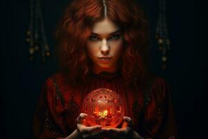 un' donna con rosso capelli Tenere un' raggiante globo generativo ai foto