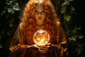 un' donna con rosso capelli Tenere un' raggiante globo generativo ai foto