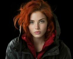 un' donna con rosso capelli nel un' nero giacca generativo ai foto
