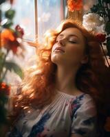 un' donna con rosso capelli è posa nel davanti di un' finestra con fiori generativo ai foto