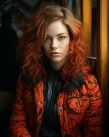 un' donna con rosso capelli seduta su un' treno generativo ai foto