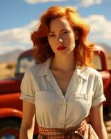 un' donna con rosso capelli in piedi nel davanti di un vecchio rosso camion generativo ai foto