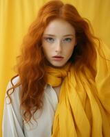 un' donna con rosso capelli indossare un' giallo sciarpa generativo ai foto