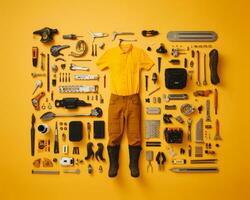 un' giallo sfondo con vario utensili disposte nel il forma di un' uomo generativo ai foto