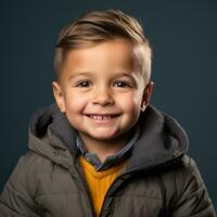 un' giovane ragazzo nel un' grigio giacca e giallo maglione sorrisi per il telecamera generativo ai foto