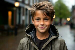 un' giovane ragazzo nel un' incappucciato giacca in piedi nel il pioggia generativo ai foto