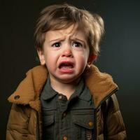 un' giovane ragazzo è pianto mentre indossare un' giacca generativo ai foto