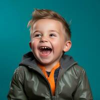 un' giovane ragazzo è ridendo mentre indossare un' giacca generativo ai foto
