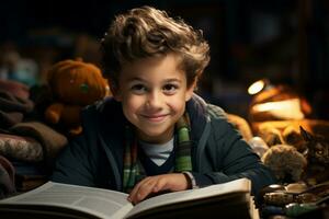 un' giovane ragazzo è sorridente mentre lettura un' libro generativo ai foto