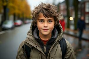 un' giovane ragazzo è in piedi su il strada nel il pioggia generativo ai foto