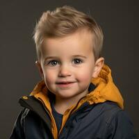 un' giovane ragazzo con blu occhi e un' giallo giacca generativo ai foto