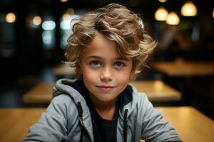 un' giovane ragazzo con Riccio capelli seduta a un' tavolo generativo ai foto