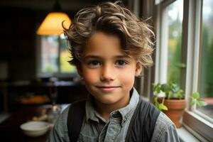un' giovane ragazzo con Riccio capelli in piedi nel davanti di un' finestra generativo ai foto