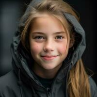 un' giovane ragazza nel un' nero giacca sorridente generativo ai foto