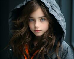 un' giovane ragazza nel un' felpa con cappuccio con blu occhi generativo ai foto