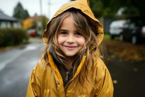 un' giovane ragazza indossare un' giallo impermeabile generativo ai foto