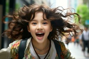 un' giovane ragazza con sua capelli soffiaggio nel il vento generativo ai foto