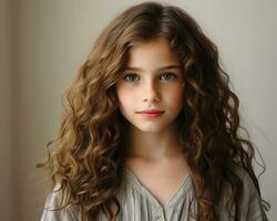 un' giovane ragazza con lungo Riccio capelli generativo ai foto