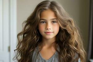 un' giovane ragazza con lungo ondulato capelli generativo ai foto