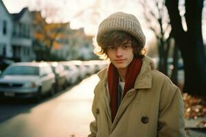 un' giovane uomo indossare un' cappello e cappotto in piedi su un' strada generativo ai foto