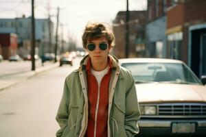 un' giovane uomo indossare occhiali da sole e un' giacca in piedi su un' strada generativo ai foto