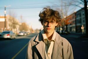 un' giovane uomo con Riccio capelli in piedi nel il mezzo di un' città strada generativo ai foto