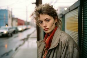 un' giovane donna nel un' cappotto in piedi su un' strada generativo ai foto