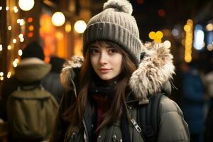 un' giovane donna nel un' inverno cappotto e cappello su il strada a notte generativo ai foto