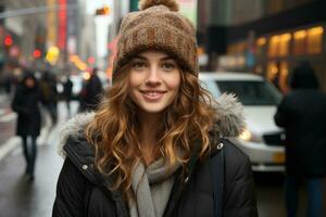 un' giovane donna nel un' inverno cappello su un' città strada generativo ai foto