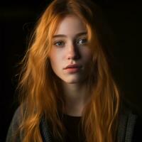 un' giovane donna con lungo rosso capelli e blu occhi generativo ai foto