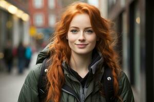 un' giovane donna con rosso capelli e un' zaino generativo ai foto