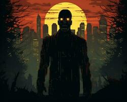 un' zombie in piedi nel davanti di un' città a tramonto generativo ai foto