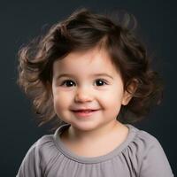 un adorabile poco ragazza con Riccio capelli sorridente a il telecamera generativo ai foto