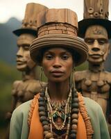 un africano donna indossare un' cappello e Tenere un' di legno statua generativo ai foto