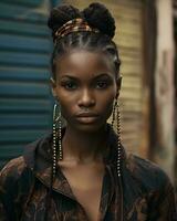 un africano donna con trecce e orecchini generativo ai foto