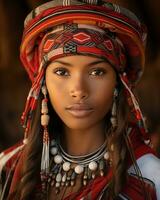 un africano donna indossare tradizionale capi di abbigliamento e gioielleria generativo ai foto