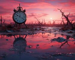 un allarme orologio è seduta nel il mezzo di un' campo con un' tramonto nel il sfondo generativo ai foto