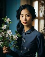 un asiatico donna nel un' blu vestito Tenere un' fiore generativo ai foto