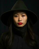 un asiatico donna indossare un' nero cappello e rosso rossetto generativo ai foto