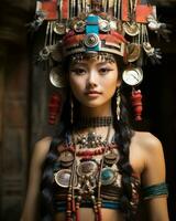 un asiatico donna indossare un' tradizionale copricapo generativo ai foto
