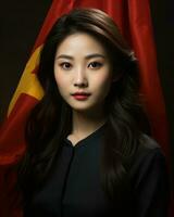 un asiatico donna con un' vietnamita bandiera nel davanti di sua generativo ai foto