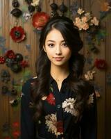 un asiatico donna con lungo nero capelli in piedi nel davanti di un' floreale parete generativo ai foto