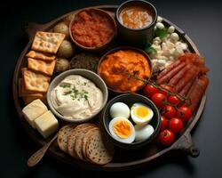 un assortimento di cibo su un' di legno piatto generativo ai foto