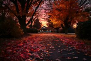un autunno scena con le foglie su il terra e un' sentiero principale per un' Casa generativo ai foto