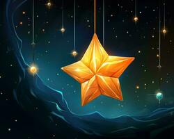 un illustrazione di un' d'oro stella sospeso nel il notte cielo generativo ai foto