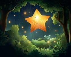 un illustrazione di un' stella nel il foresta a notte generativo ai foto