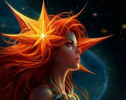 un illustrazione di un' donna con arancia capelli e stelle su sua testa generativo ai foto